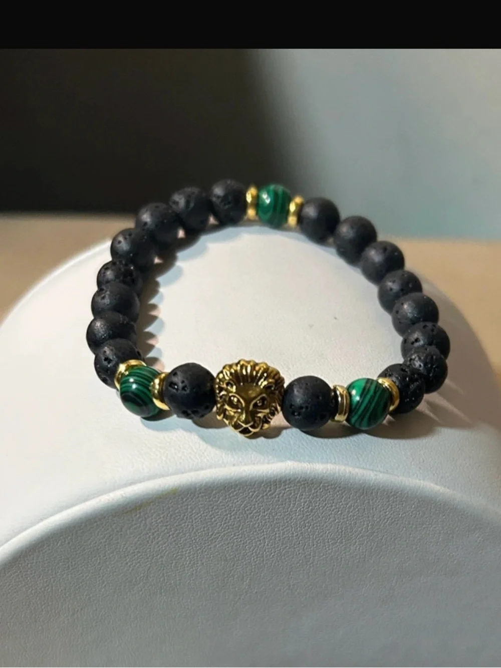 Gold Lion Head Bracelet with Black Lava and Green Beads